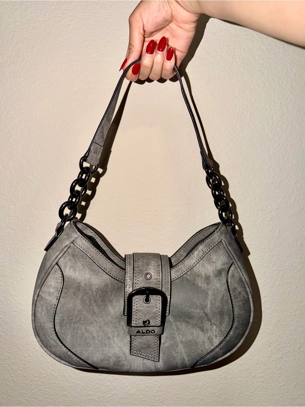 Aldo Grey Washed Denim Look Shoulder Bag Y2K Chain Purse